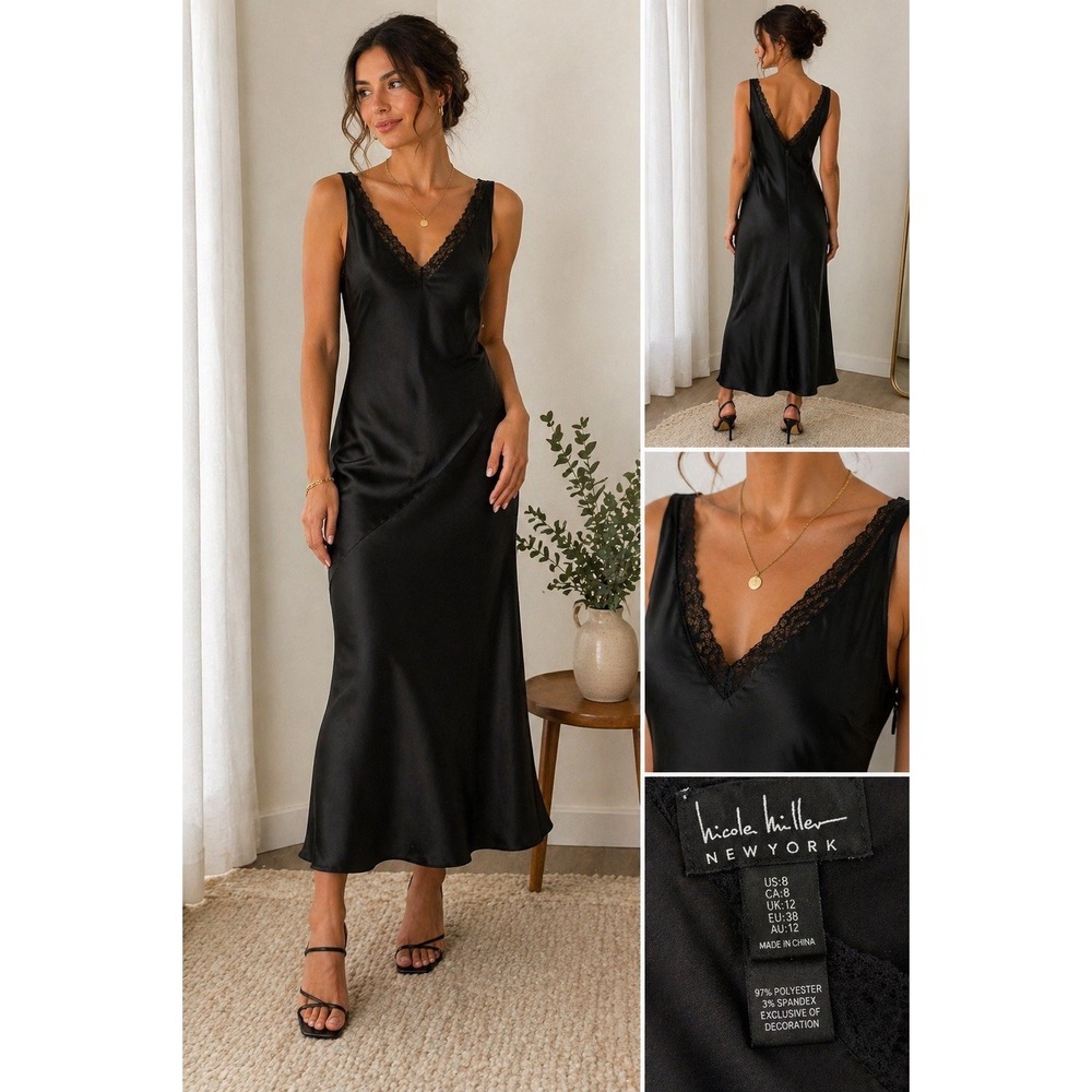 Nicole Miller Black Silky V-Neck Slip Dress Size 8 Elegant Minimalist 0282